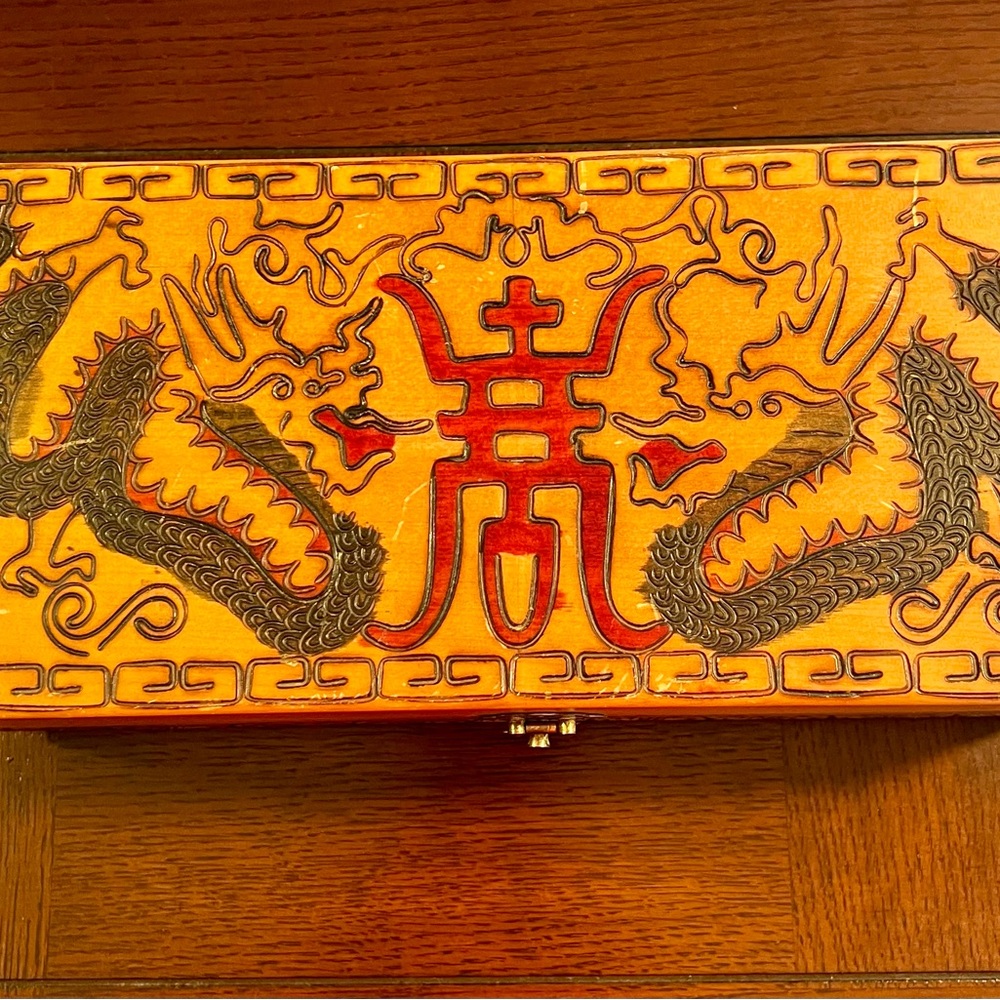 Vintage Asian Theme Jewelry/Music Box Carved Dragons Red Velvet‎ Lining Mirrored